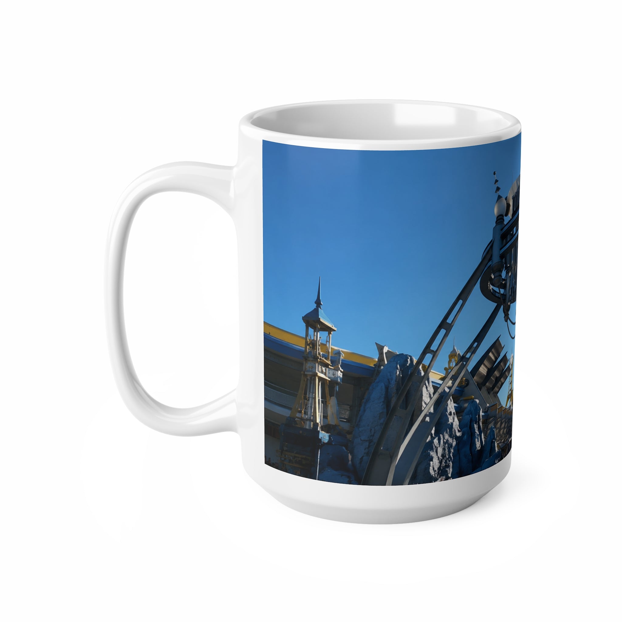 Tomorrowland Sign Photo Ceramic Mug — Vintage Carnival Sky Coffee Cup (11oz/15oz)