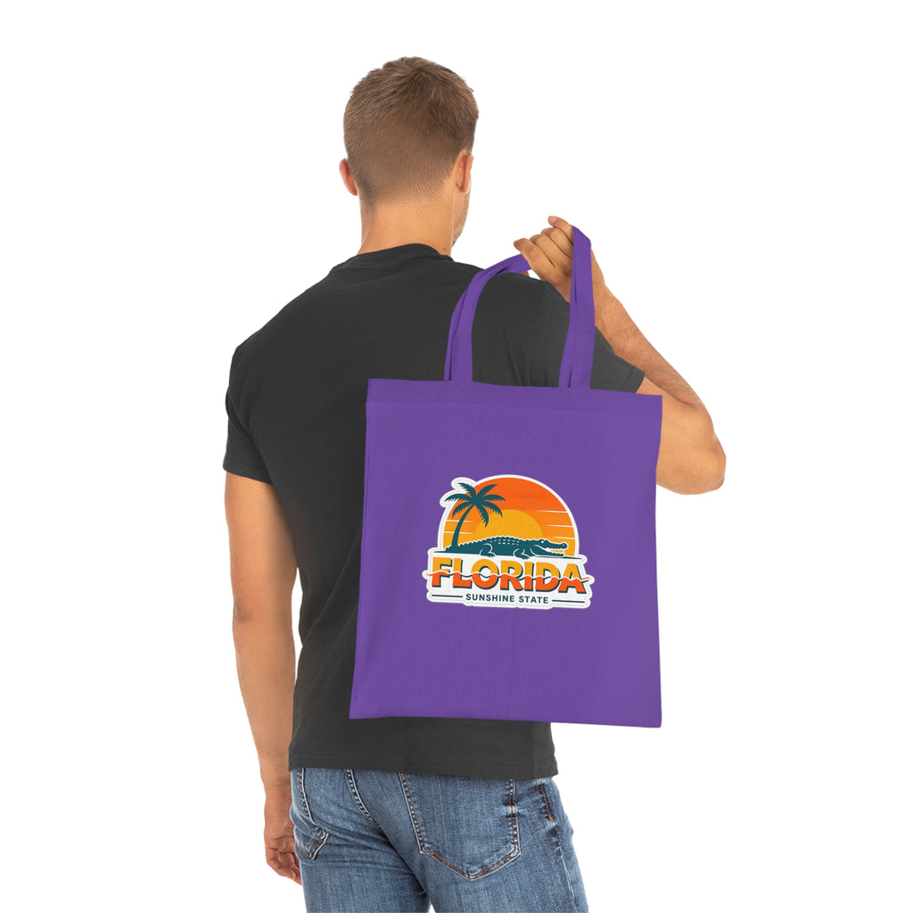 Florida Sunshine State Palm Tree Tote Bag — Retro Beach Sunset Cotton Tote