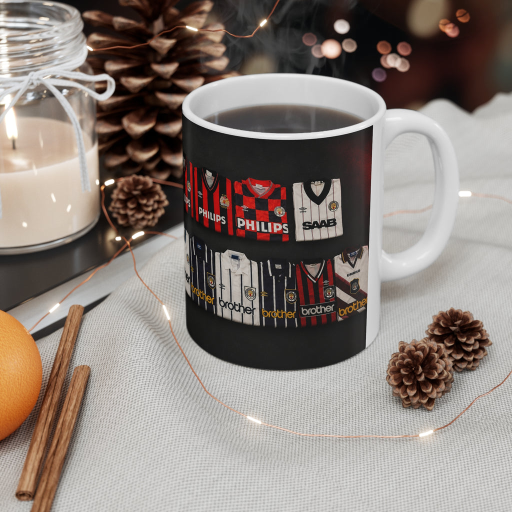 Manchester City Retro Away Soccer Jersey Collage Mug — Vintage Football Shirts Ceramic Coffee Cup (11oz & 15oz)