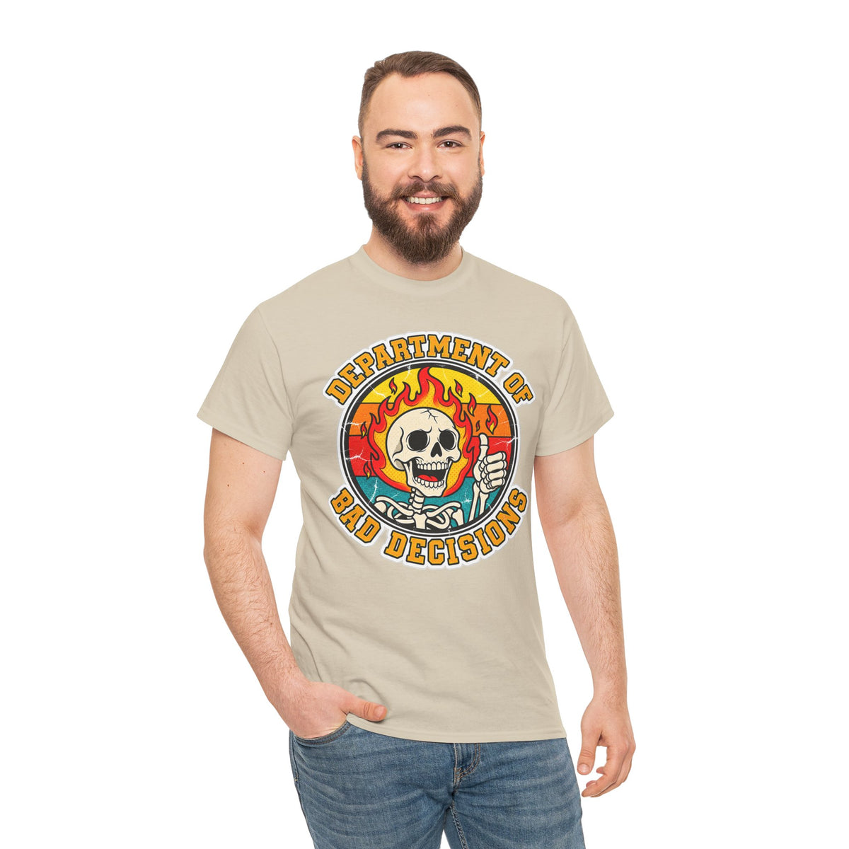 Department of Bad Decisions Skull T-Shirt — Retro Flaming Thumbs-Up Graphic Tee