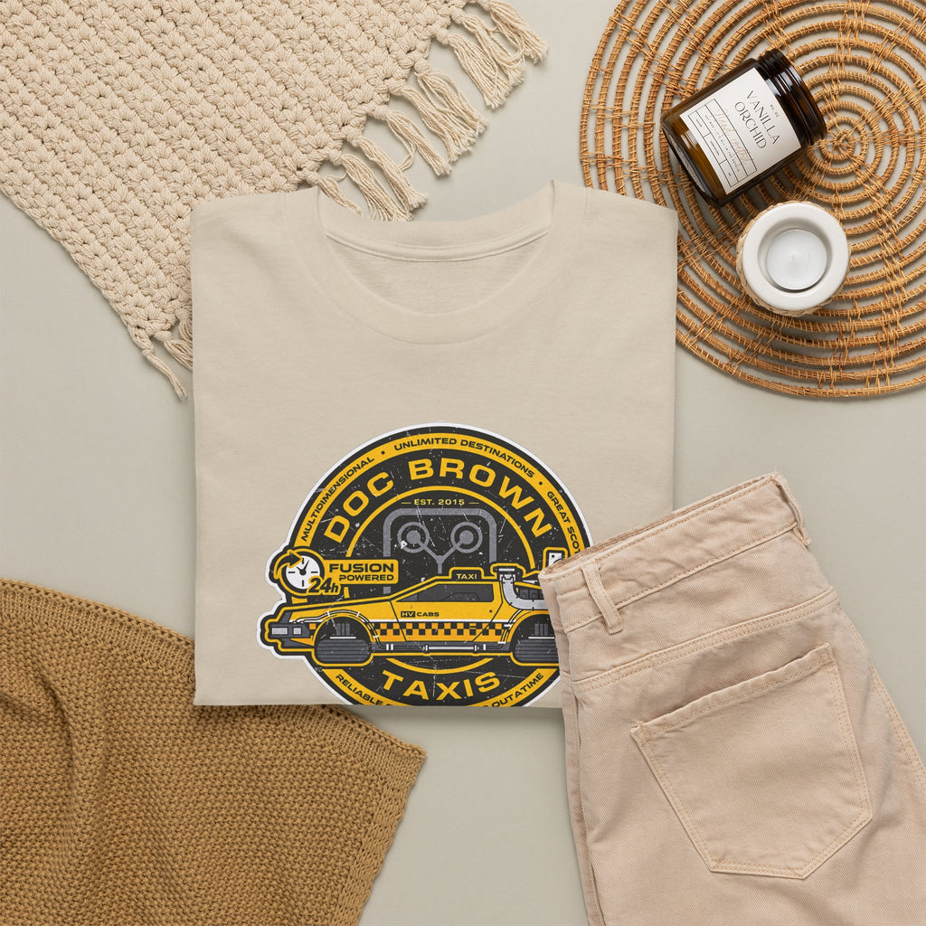 Vintage Taxi Badge T-Shirt — 'Doc Brown Taxis' Retro Cab Logo Tee