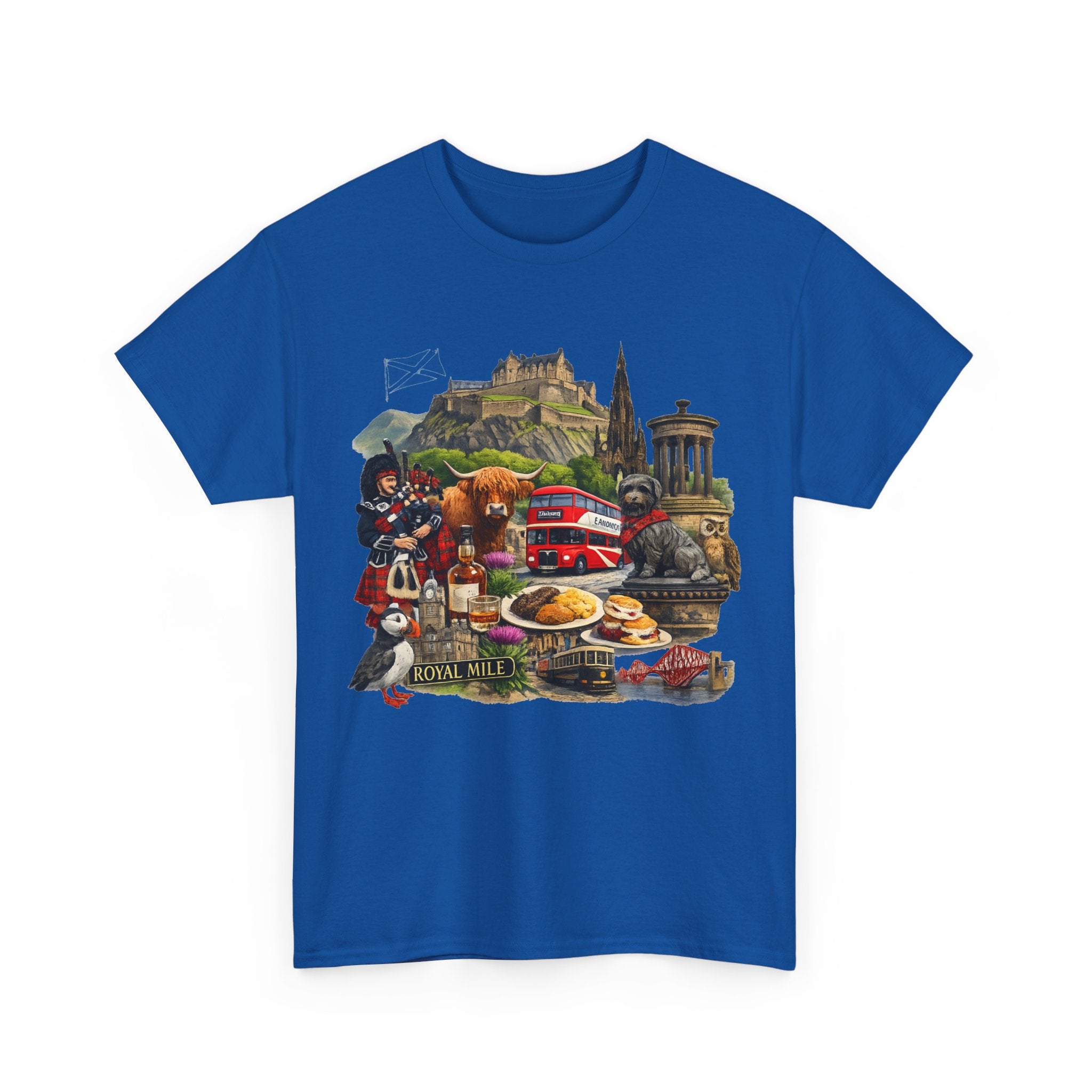Scotland / Edinburgh Travel Collage T-Shirt — Edinburgh Castle, Bagpipes & Local Icons