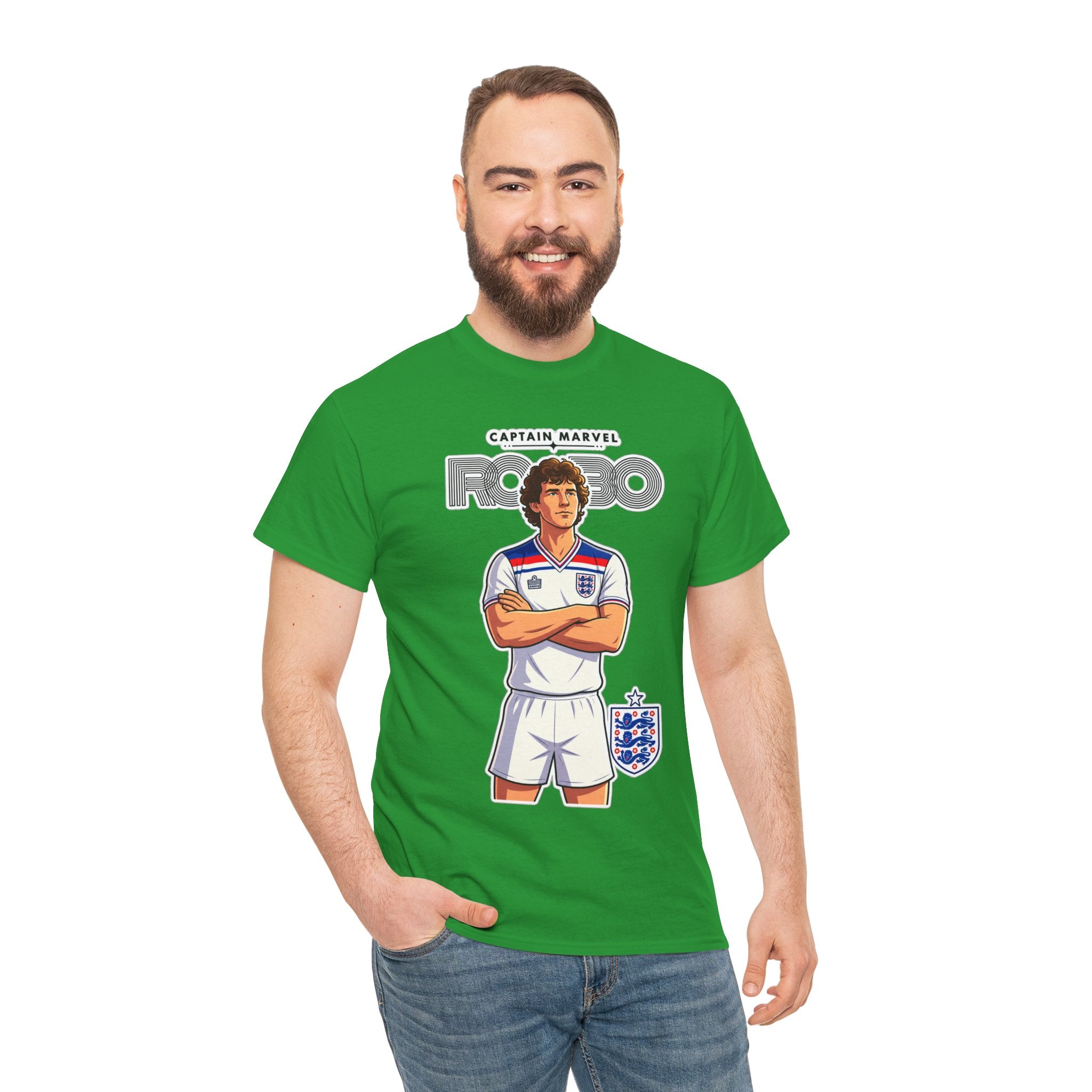 Bryan Robson Retro England Football Cotton T-Shirt / Tee — "Captain Marvel" Soccer Player Graphic