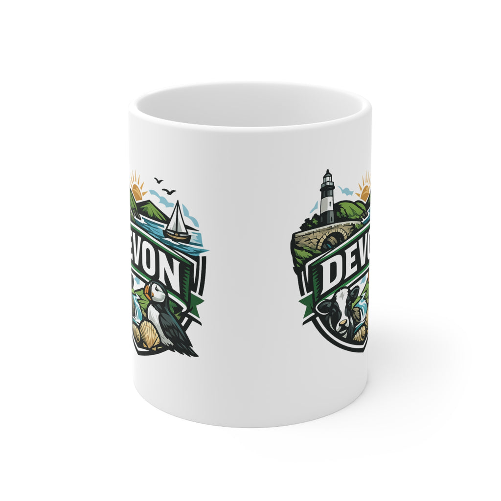 Devon Scenic Mug — Coastal Lighthouse, Puffin & Cow Ceramic Coffee Cup (11oz & 15oz)