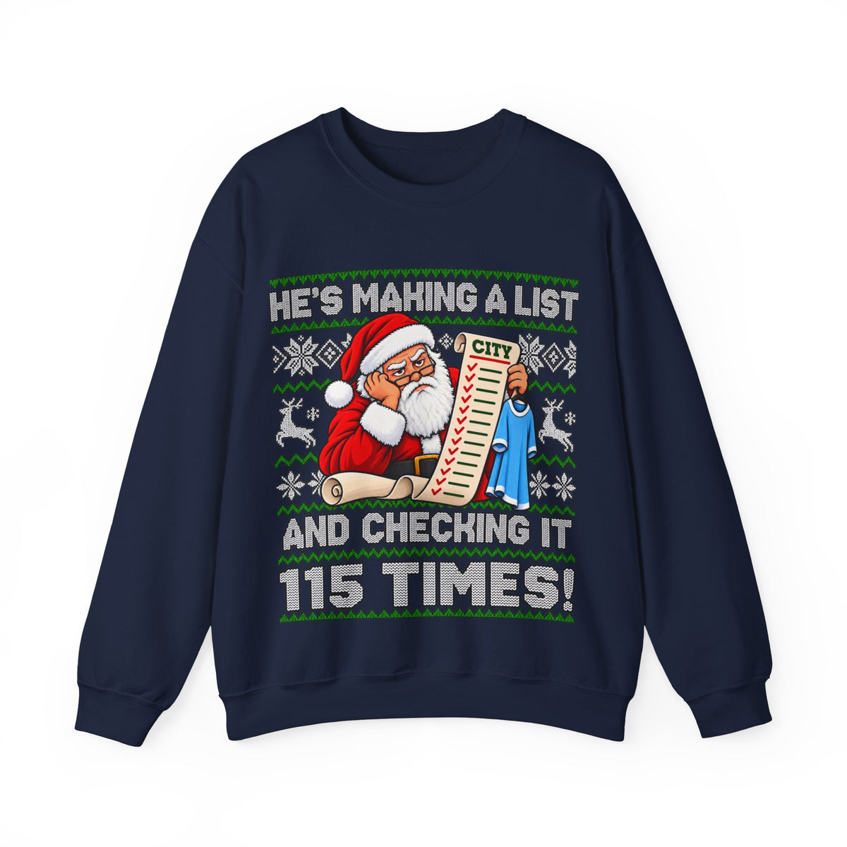 Manchester City Charges Inspired – "He's Making a List and Checking It 115 Times!" Santa Jumper