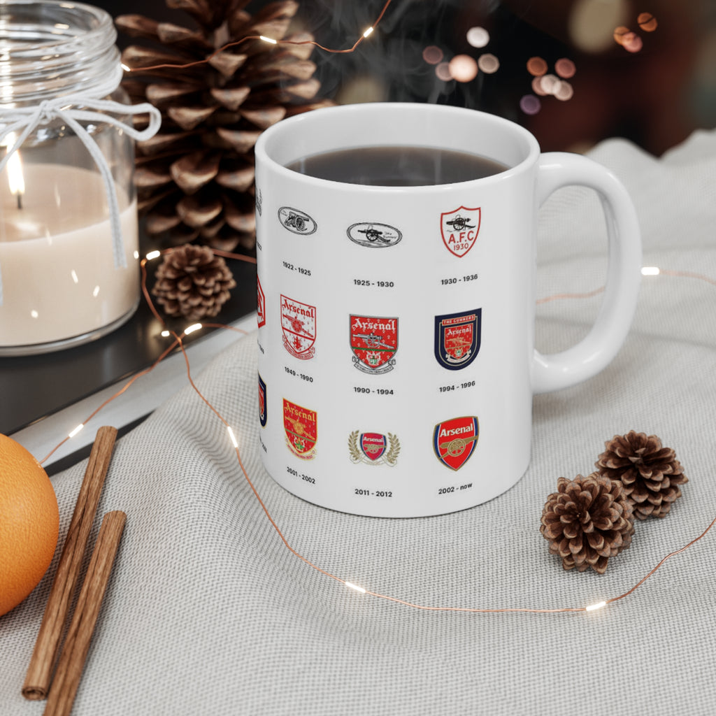 Arsenal Crest Evolution Coffee Mug — Timeline of Club Crests, 11oz & 15oz