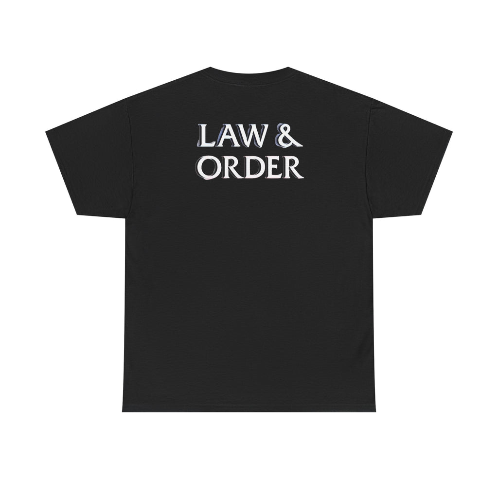 DUN DUN / Law & Order Graphic Tee — Retro Red & Blue Text Shirt