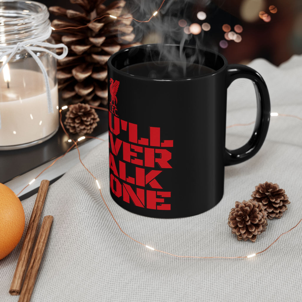 You'll Never Walk Alone Black Mug — Liverpool FC Red Crest Coffee Cup (11oz/15oz)