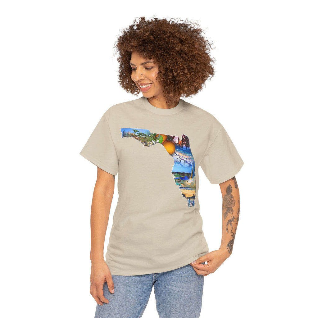 Florida State Shape T-Shirt — Scenic Beach & Sunset Map Tee