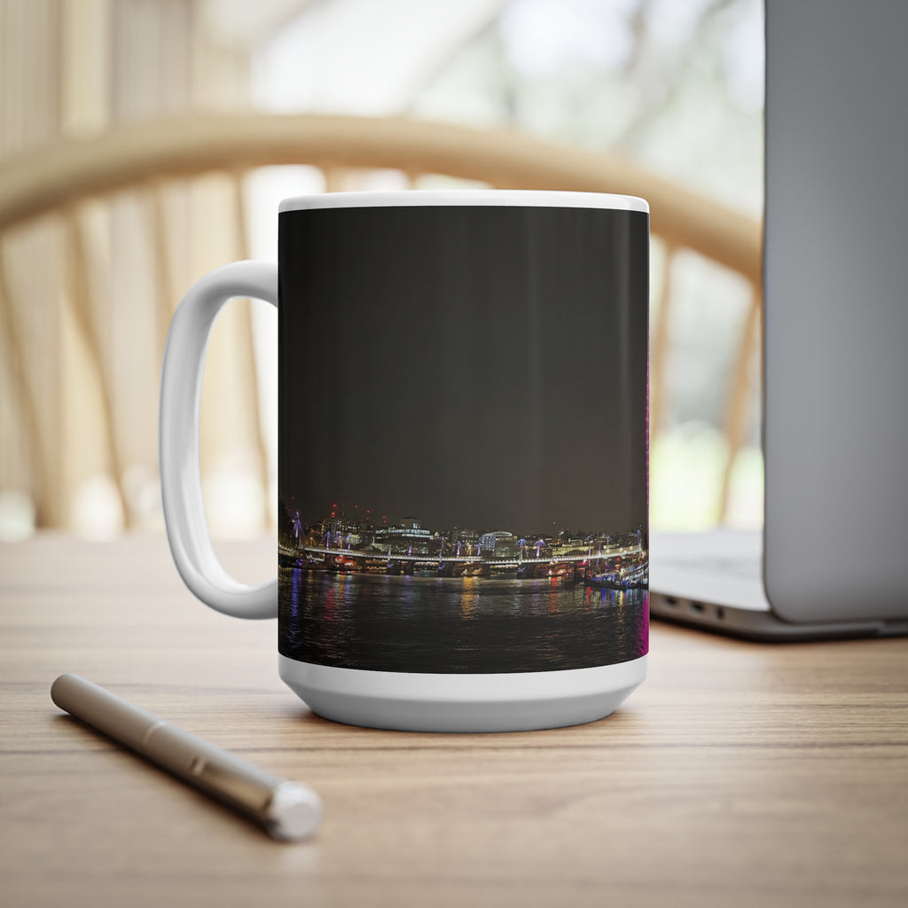 London Eye Nightscape Ceramic Mug — Pink London Eye & River Thames Coffee Cup (11oz & 15oz)