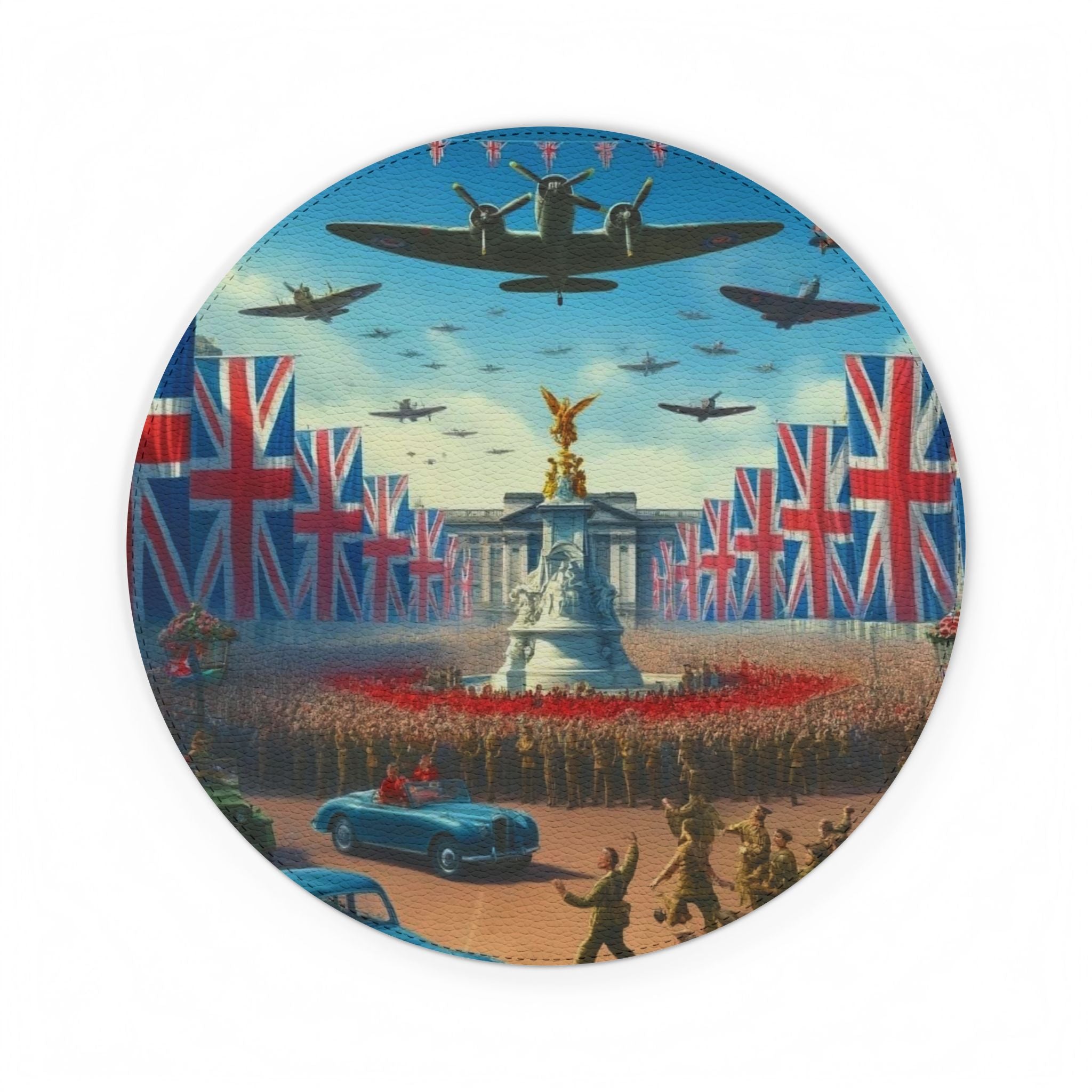 Vintage British Victory Parade Union Jack, Spitfires and Buckingham Palace PU Leather Mouse Mat