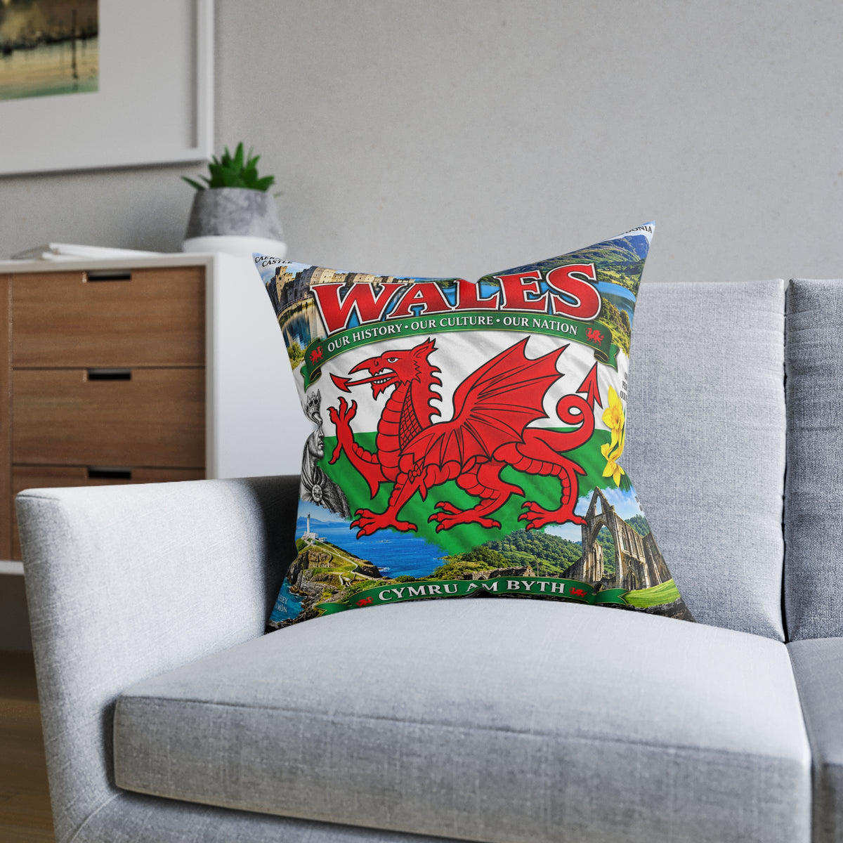 Wales Red Dragon Square Pillow — Cymru Am Byth Welsh Heritage Home Décor