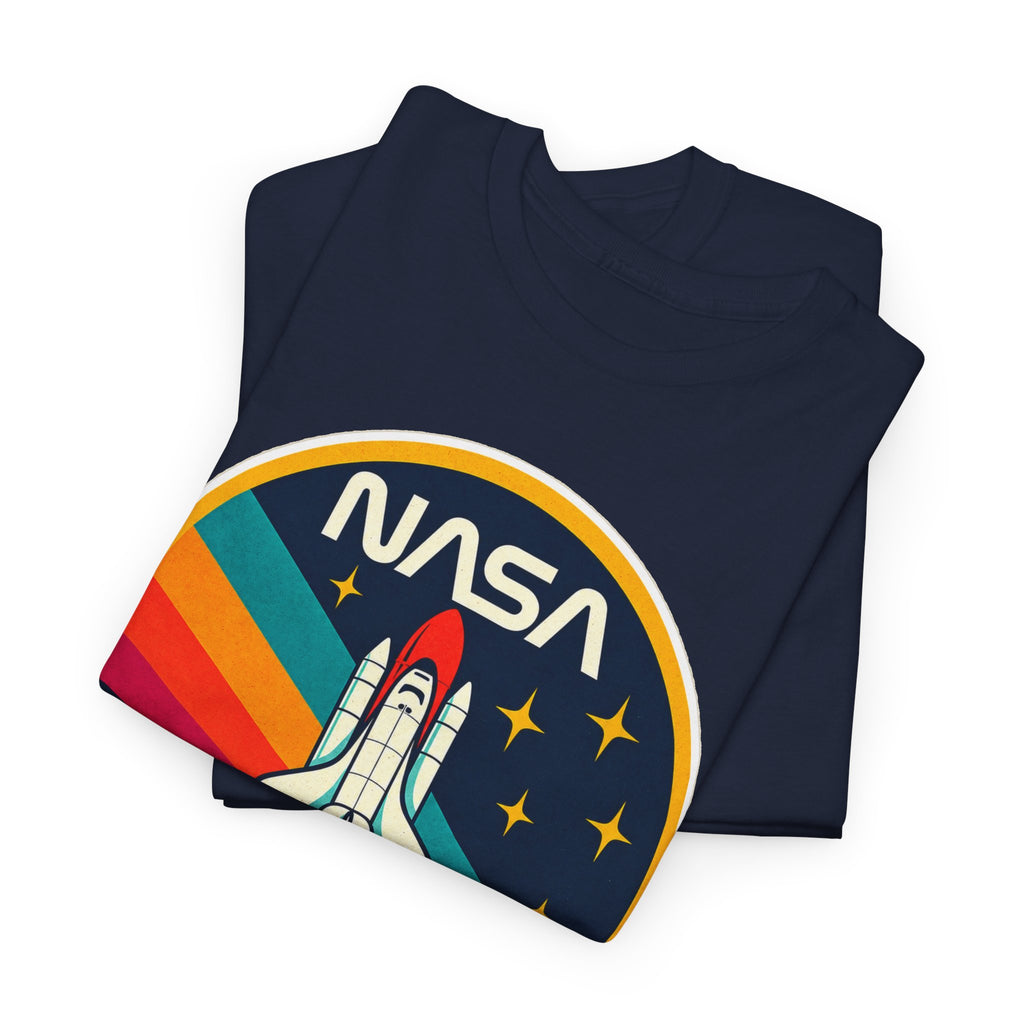NASA Retro Rocket T‑Shirt — Vintage Space Shuttle Tee with Rainbow Trail