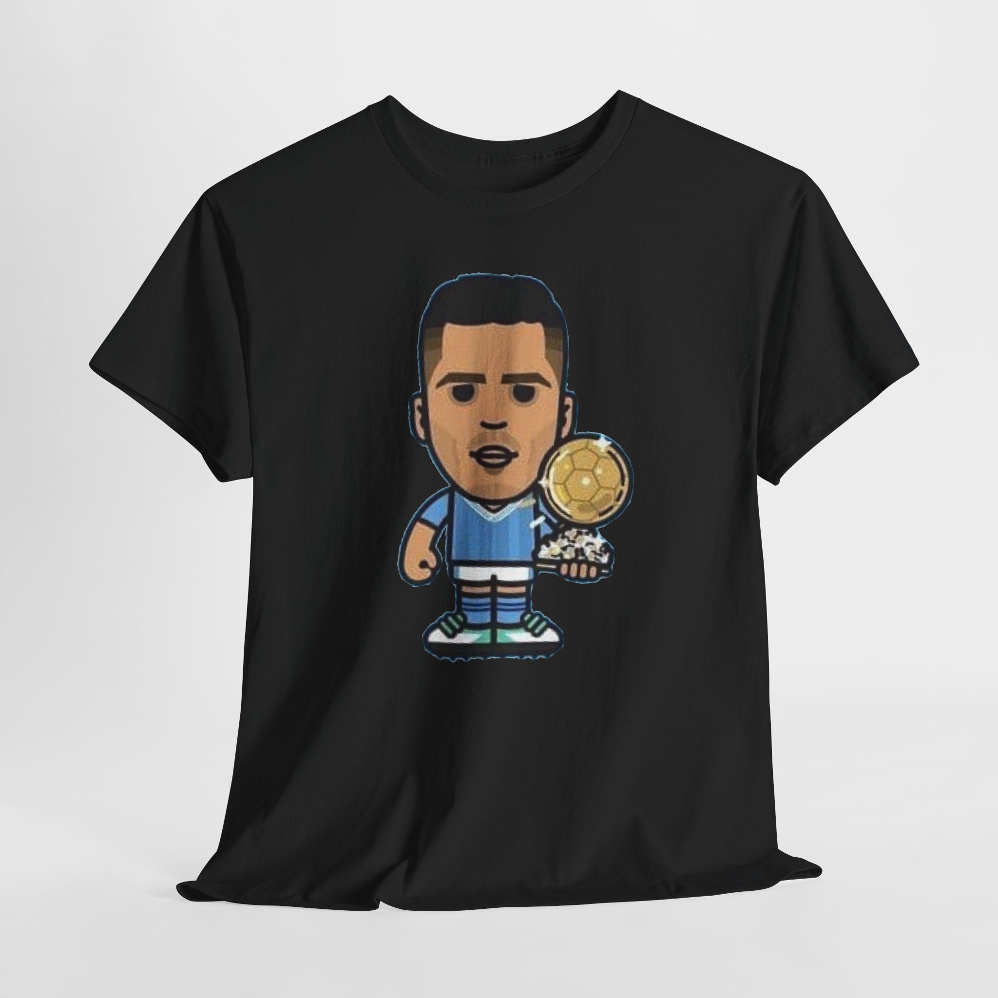 Rodri Manchester City Cartoon Tee — Player Holding Trophy Graphic Shirt