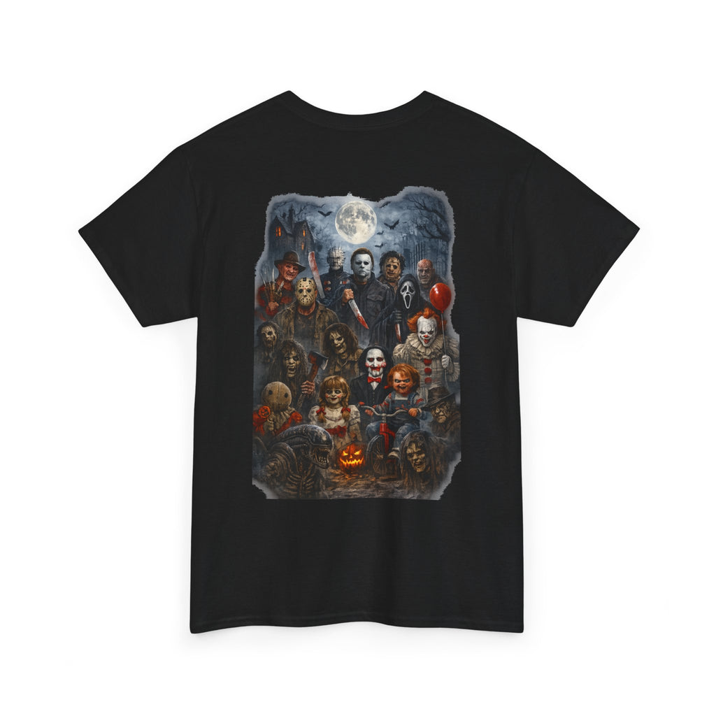 Halloween Horror Movie Characters T-Shirt — "Happy Halloween" Pumpkin & Slasher Collage Tee