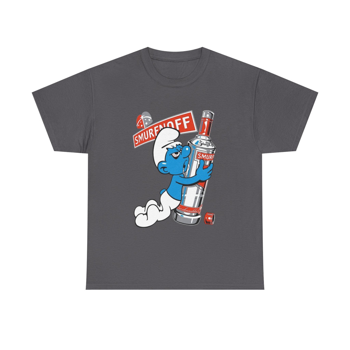 Smurf Holding Bottle Graphic Tee — "Smurf Off" Retro Cartoon T-Shirt