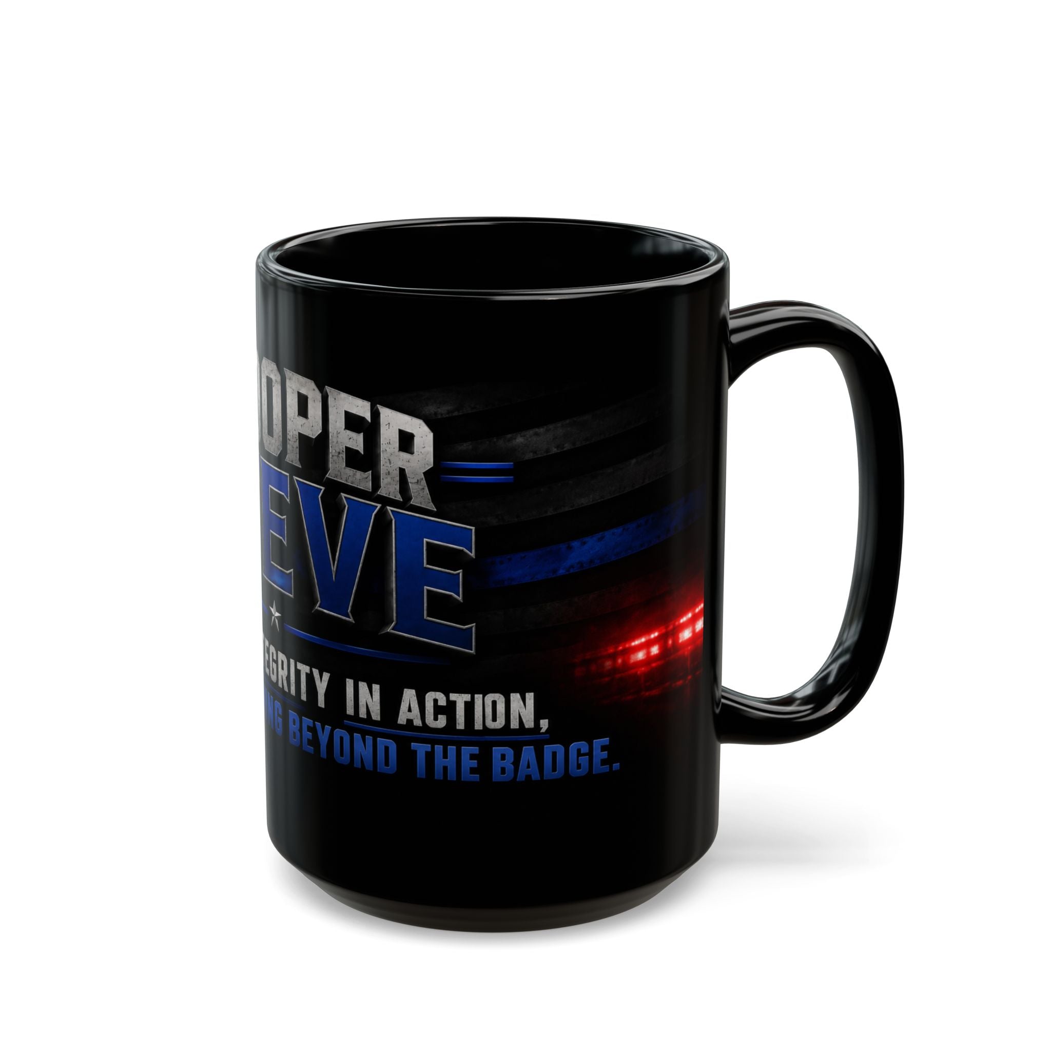 Police Trooper Mug — "Trooper Steve: Integrity in Action" Black Coffee Cup (11oz/15oz)