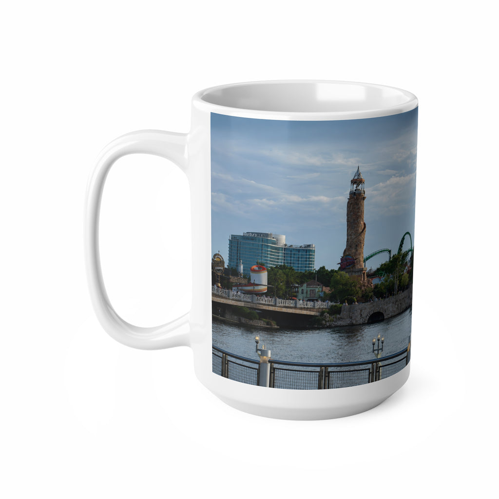 Universal IOA Theme Park Skyline Ceramic Mug — Roller Coaster Harbor Photo (11oz & 15oz)