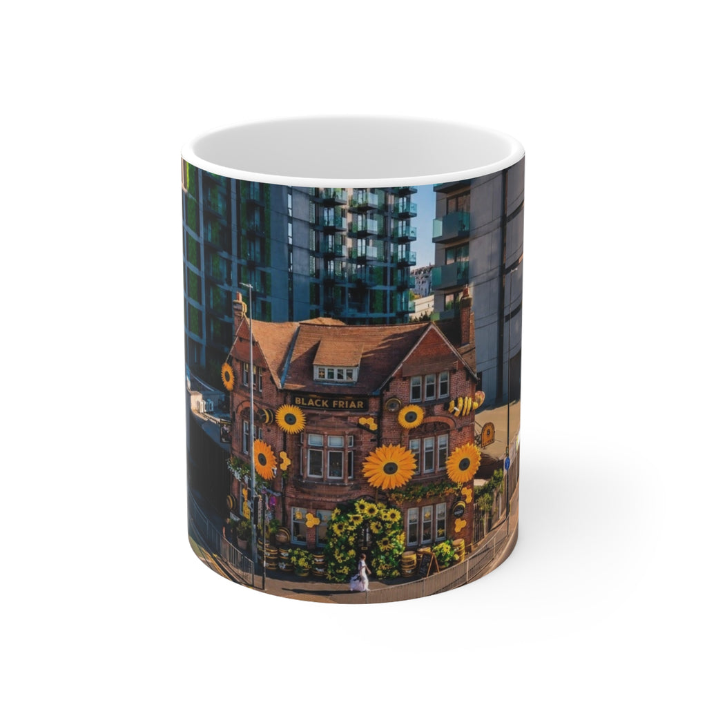 Black Friar Pub Manchester Sunflower Row House Ceramic Coffee Mug — 11oz & 15oz