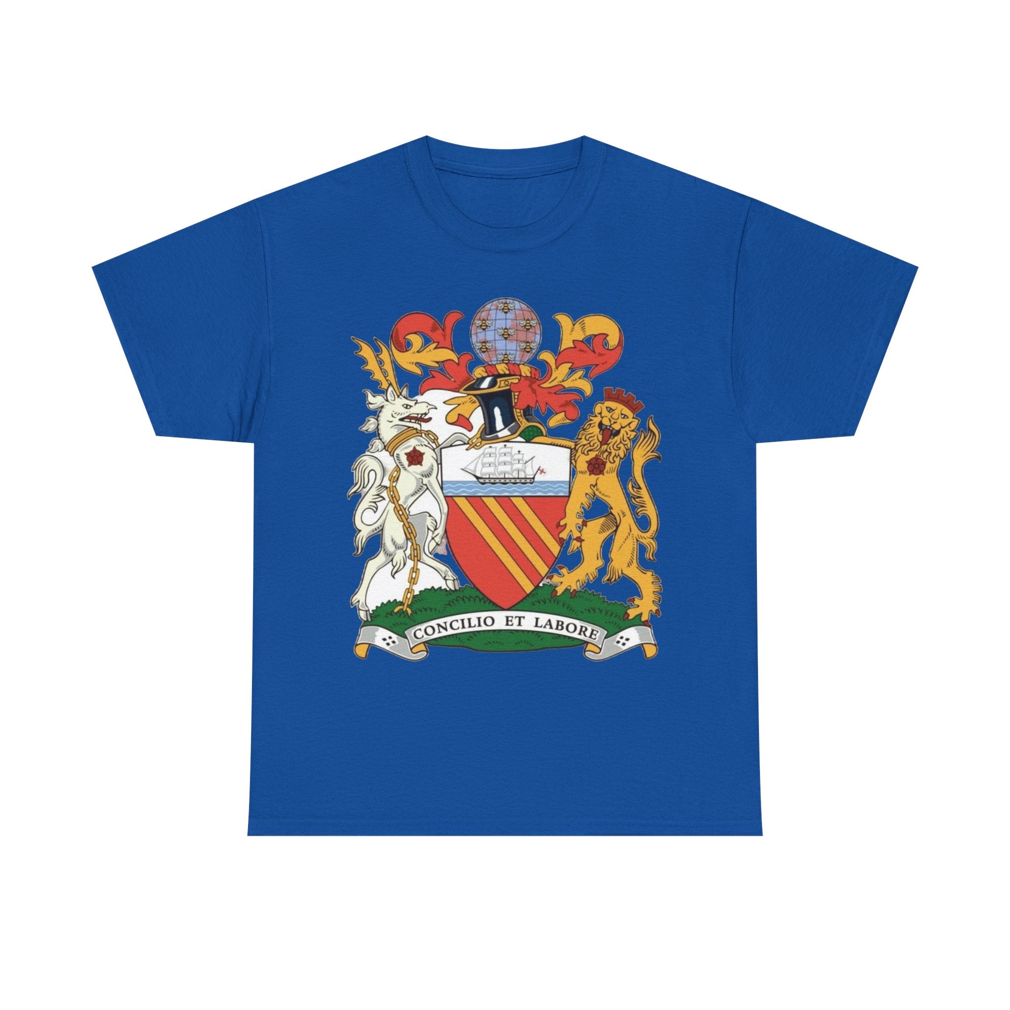 Manchester Coat of Arms Crest T‑Shirt — Heraldic Family Shield Tee with 'Concilio et Labore' Banner