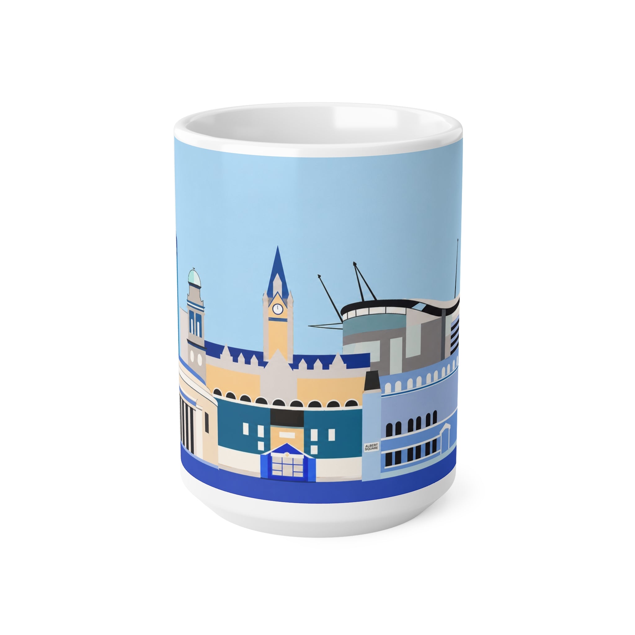 Welcome to Manchester City Skyline Mug — Blue Illustrated Landmark Coffee Cup (11oz & 15oz)