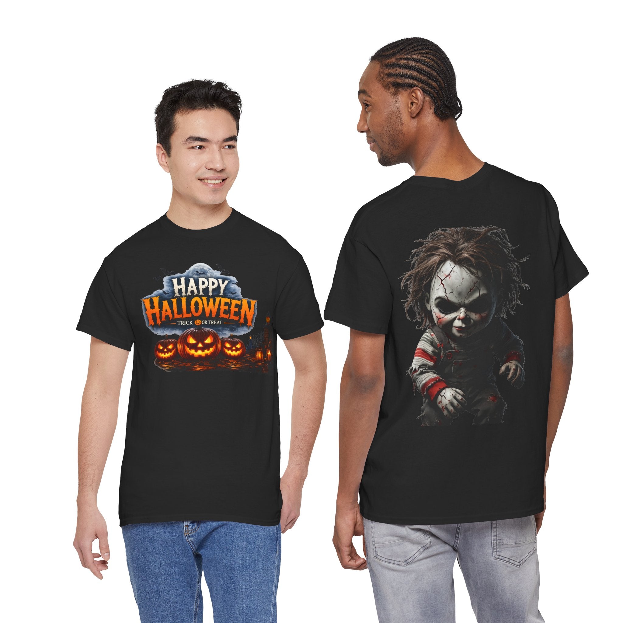 Halloween Horror T-Shirt – 'Happy Halloween' Pumpkin Front & Creepy Doll Back