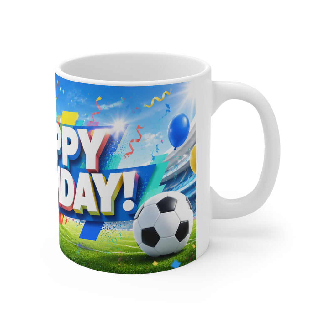 Happy Birthday Soccer Fan Mug — Cheerful Sports-Themed Ceramic Coffee Cup (11oz/15oz)