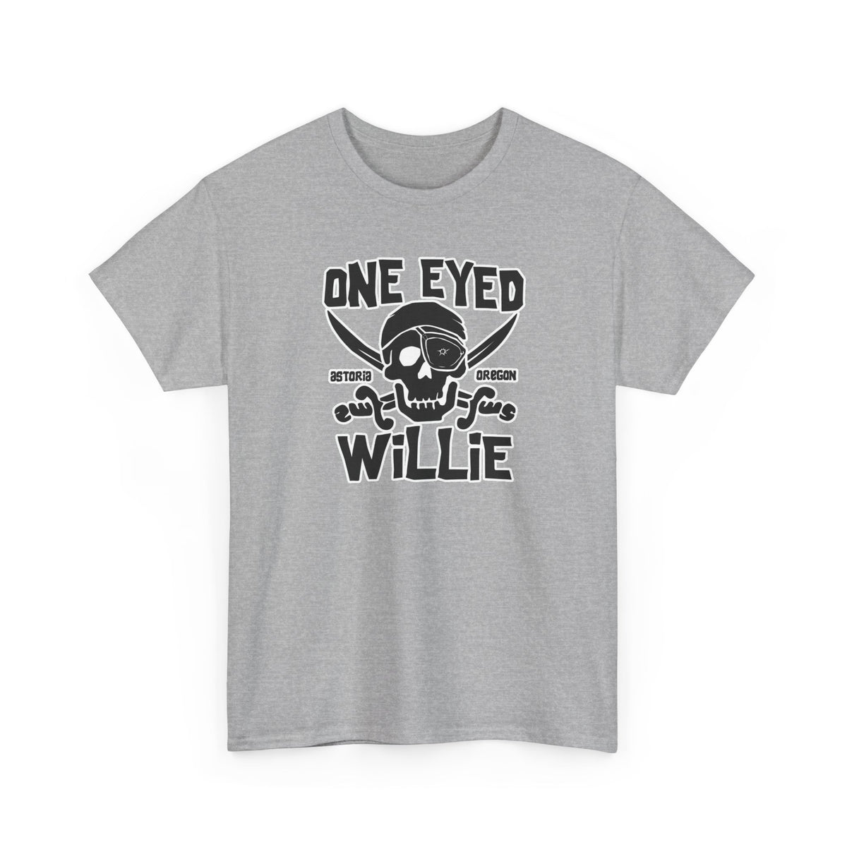 One Eyed Willie Pirate Skull Tee — Retro Nautical Adventure Graphic Shirt