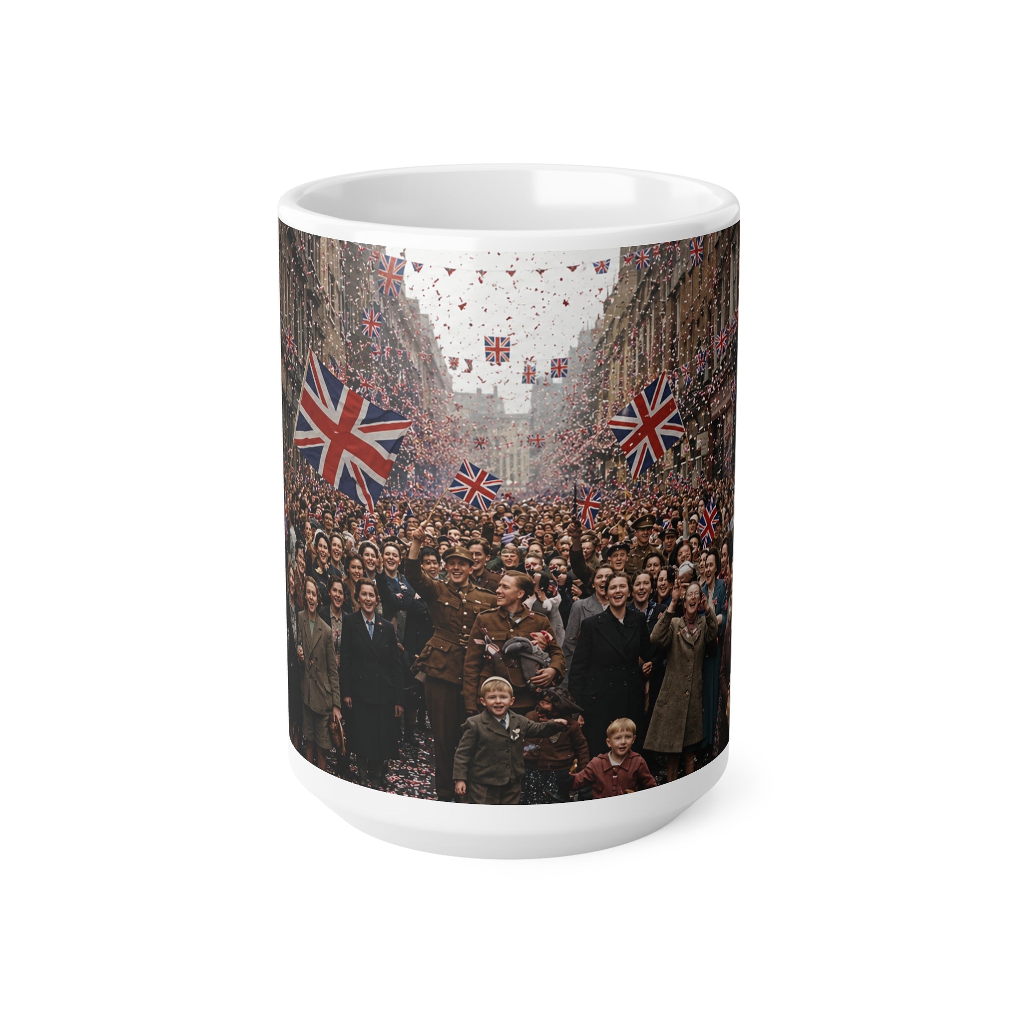 Union Jack Street Parade Mug — Vintage British Crowd Scene Ceramic Coffee Cup (11oz, 15oz)