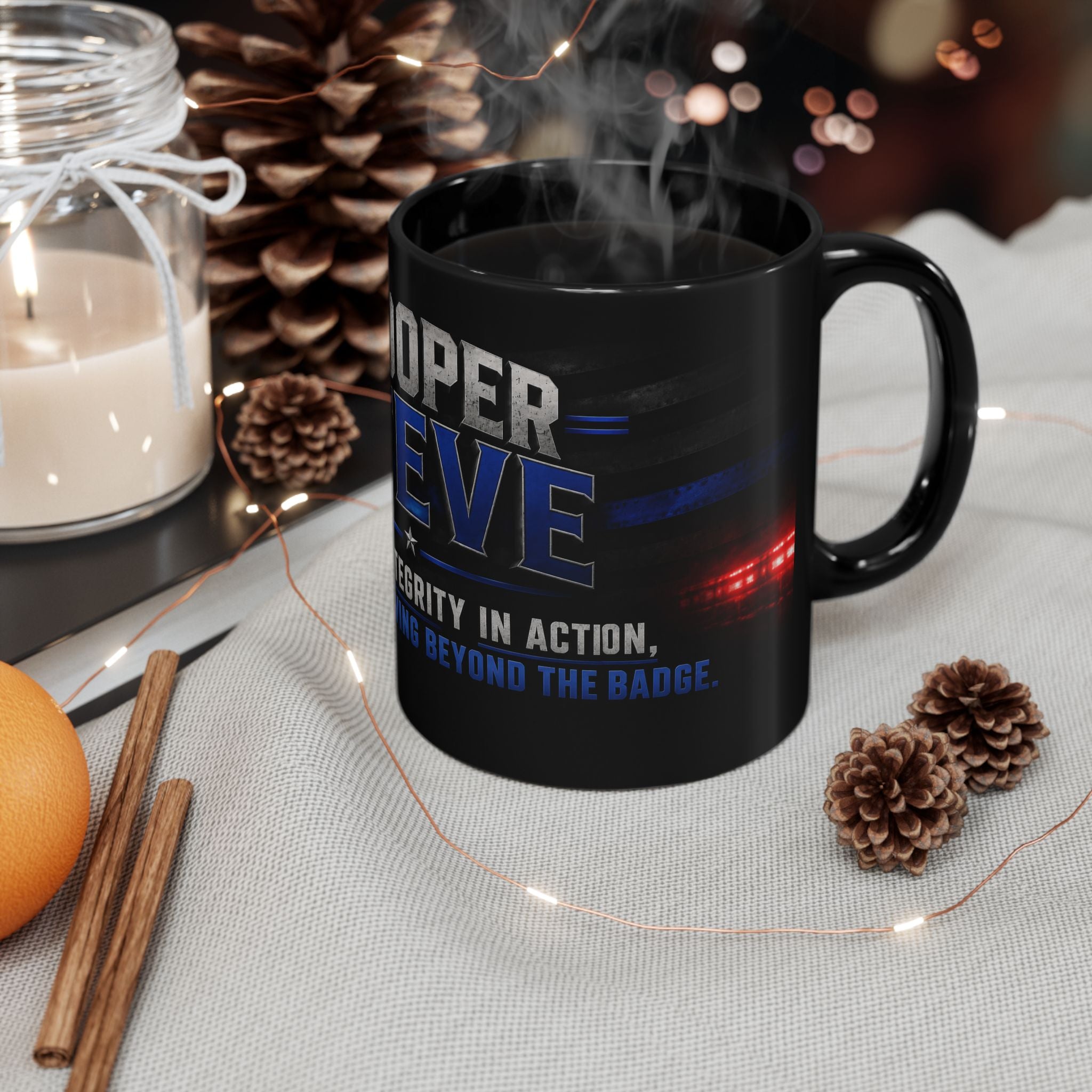 Police Trooper Mug — "Trooper Steve: Integrity in Action" Black Coffee Cup (11oz/15oz)