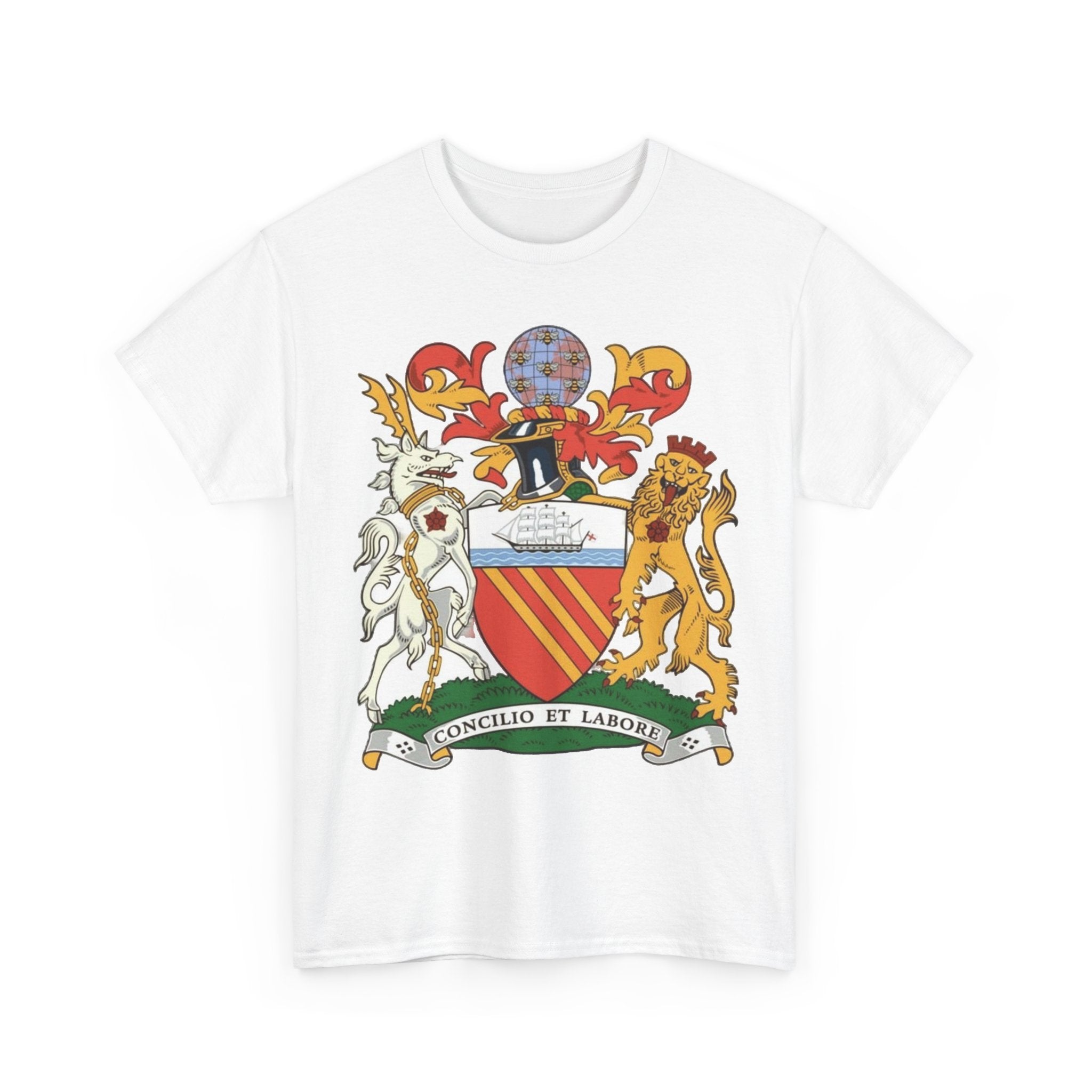 Manchester Coat of Arms Crest T‑Shirt — Heraldic Family Shield Tee with 'Concilio et Labore' Banner