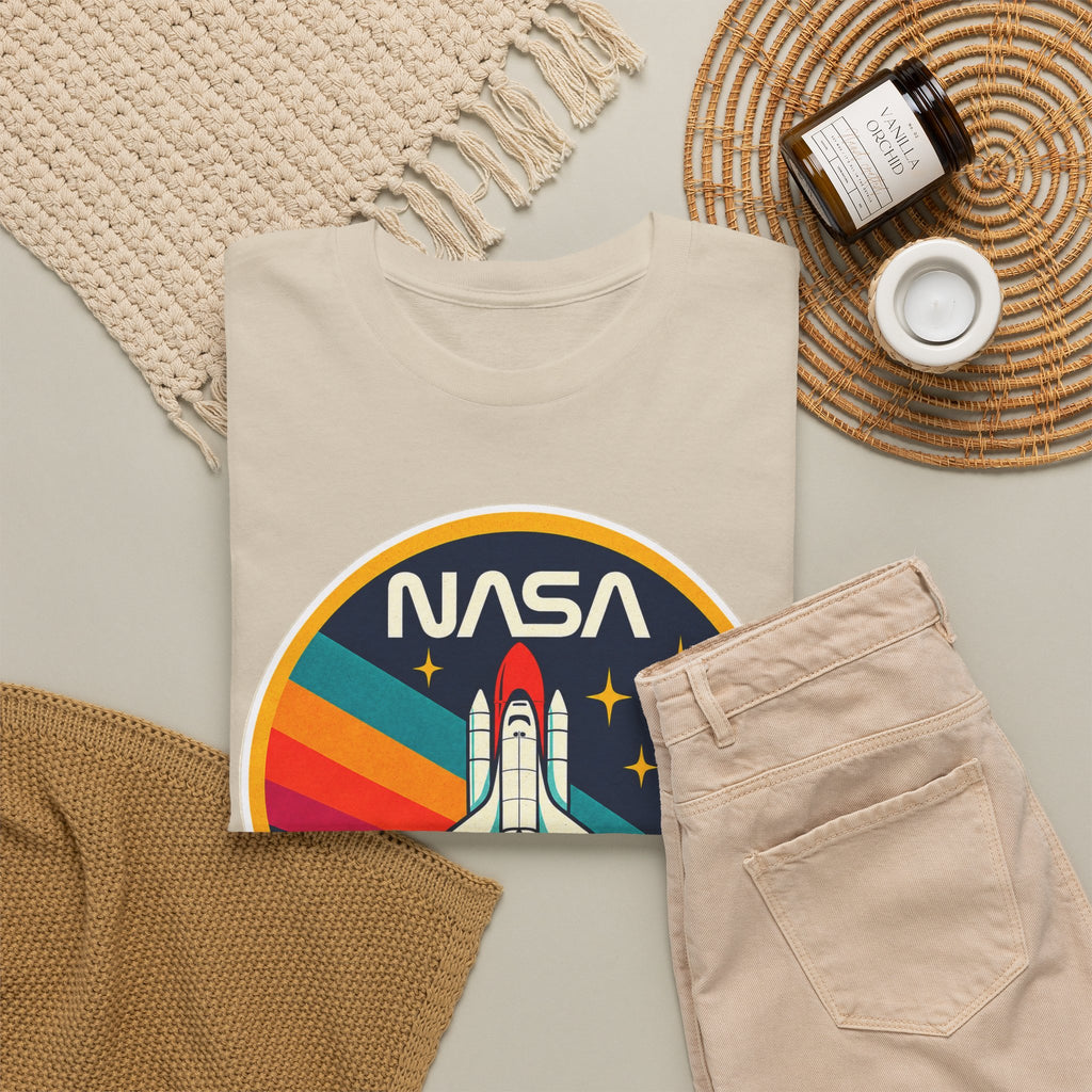 NASA Retro Rocket T‑Shirt — Vintage Space Shuttle Tee with Rainbow Trail