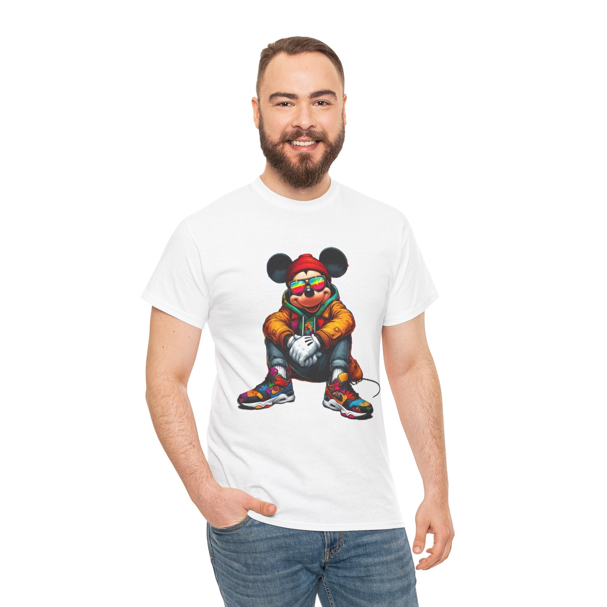 Mickey Mouse Streetwear Graphic Tee — Hip-Hop Mouse Character Sitting in Sneakers