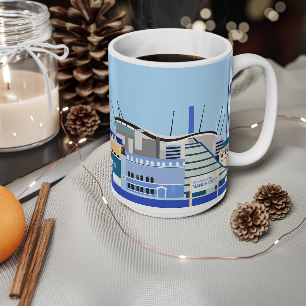 Welcome to Manchester City Skyline Mug — Blue Illustrated Landmark Coffee Cup (11oz & 15oz)