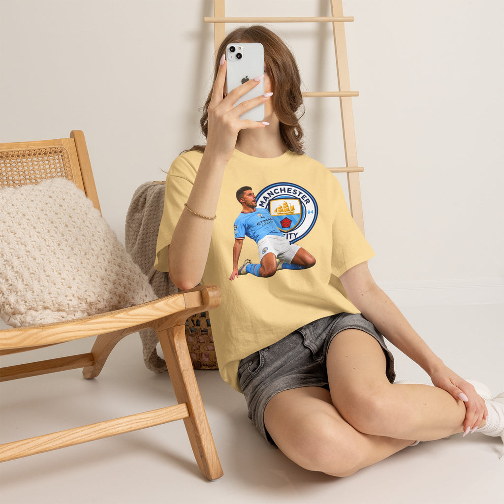 Rodri Manchester City Legend Cotton T-Shirt – Celebratory Slide Graphic Tee