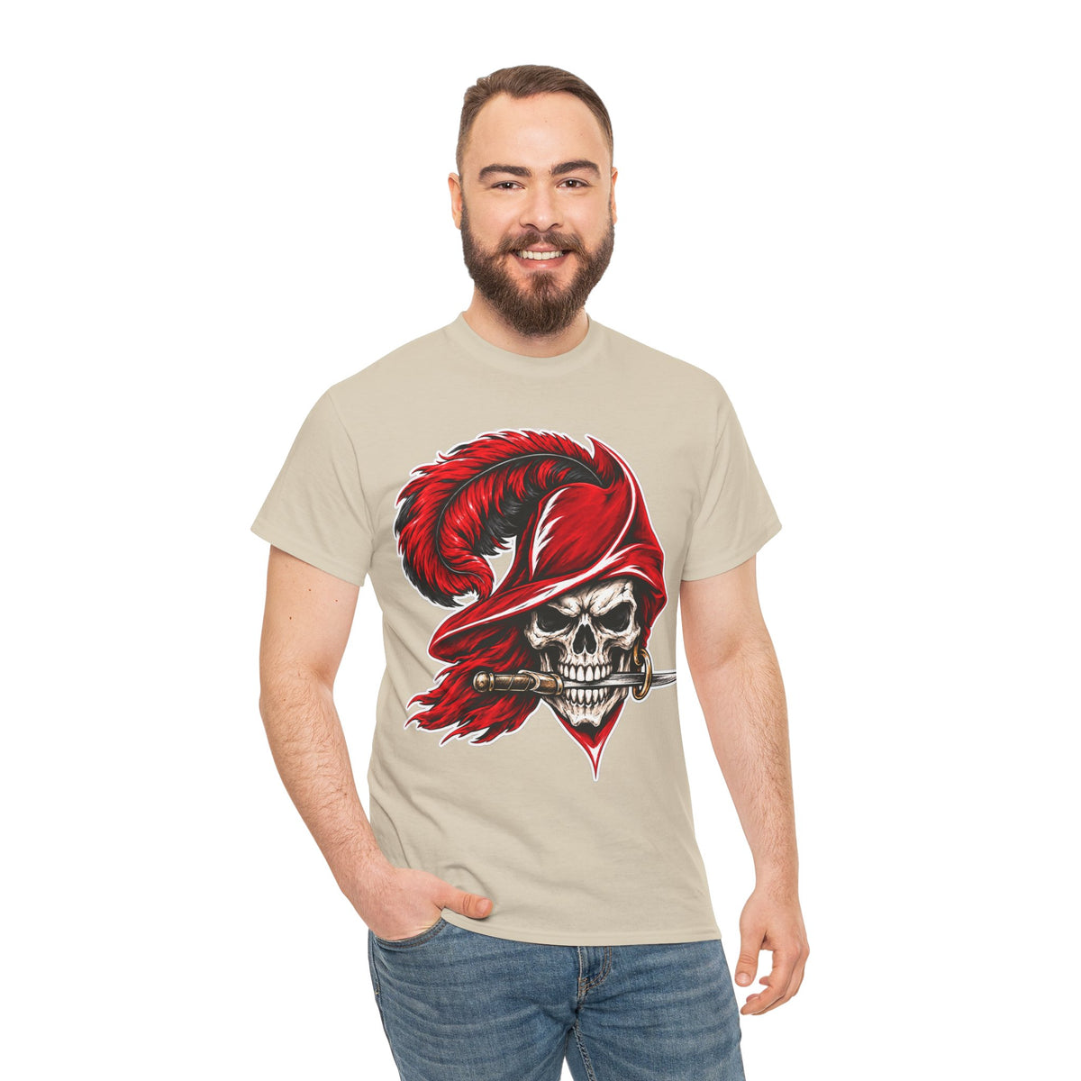 Skull Pirate Tee — Red Feathered Bandana Skull T‑Shirt