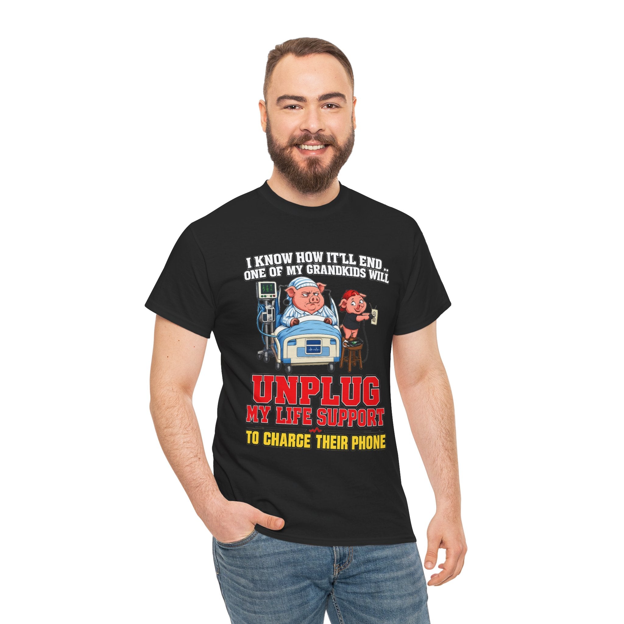 Funny Grandpa T-Shirt - "Unplug My Life Support to Charge Their Phone" Grandpa Humor Tee