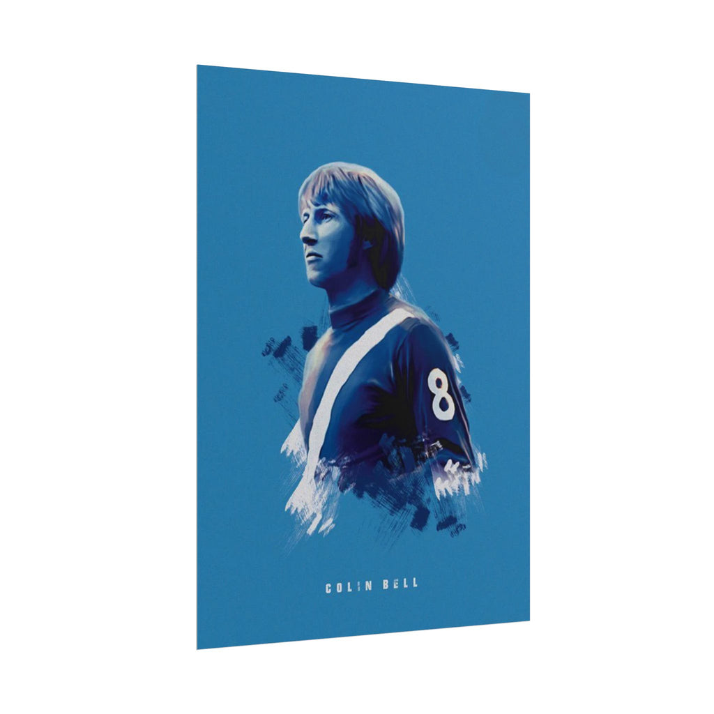 Colin Bell Manchester City Rolled Poster — Vintage Football Player 'Colin Bell' Blue Art Print