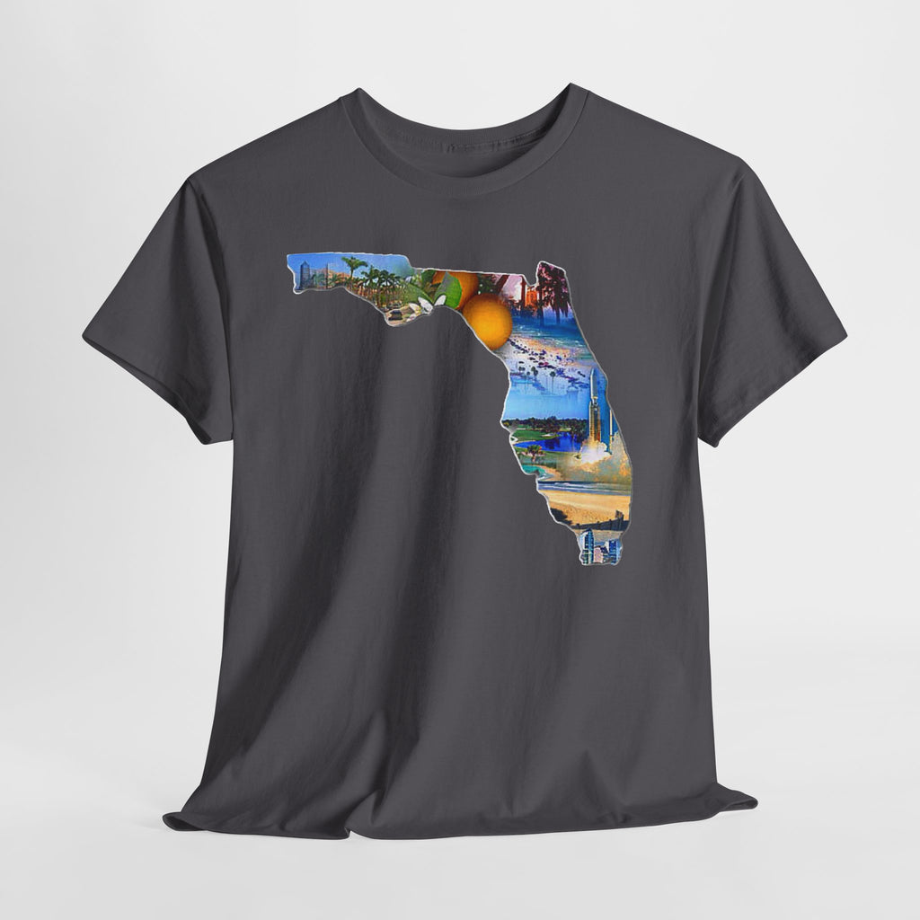 Florida State Shape T-Shirt — Scenic Beach & Sunset Map Tee