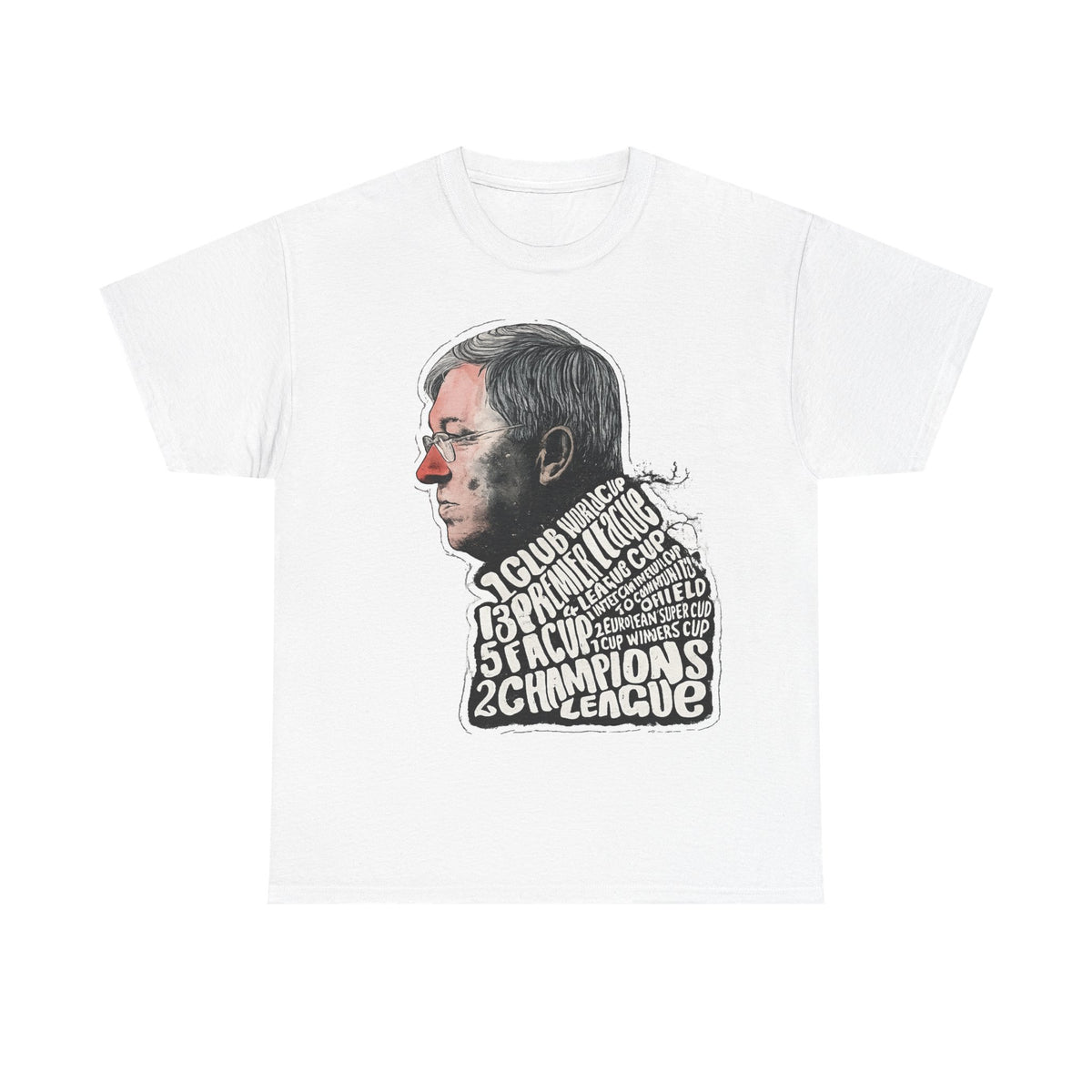 SIr Alex Ferguson Achievements Vintage Football Manager Profile Tee — Illustrated Head with Trophy Text Design