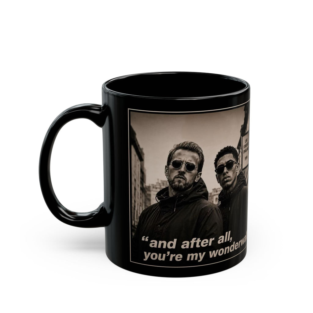 Kane and Bellingham Lyric Photo Black Mug — “and after all, you’re my wonderwall” Band Tribute Coffee Cup