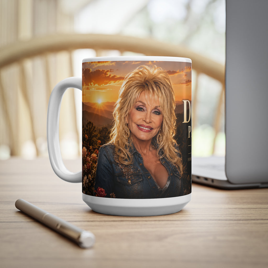 Dolly Parton Memorial Sunset Portrait Mug — Inspirational Tribute Ceramic Coffee Cup