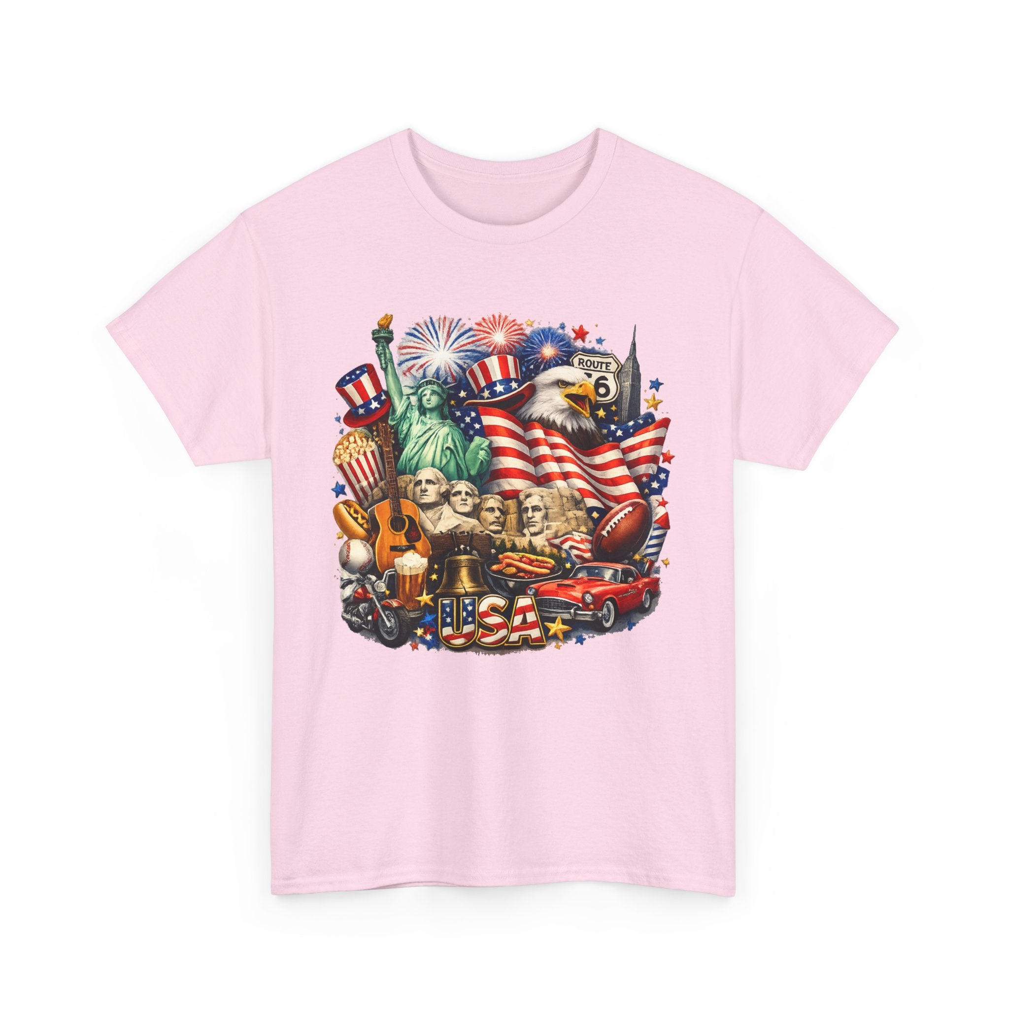 Patriotic USA Graphic Tee – American Flag, Statue of Liberty & Fireworks T-Shirt