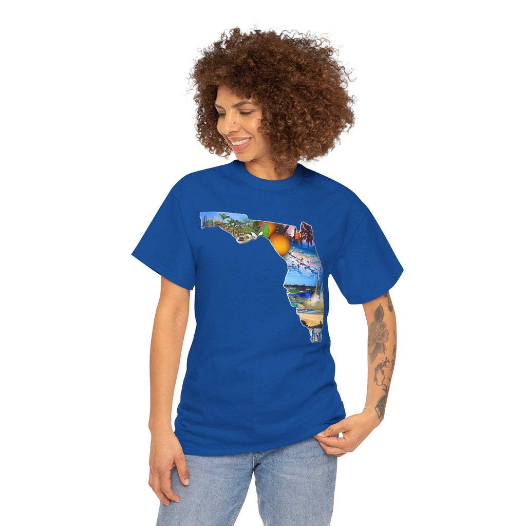 Florida State Shape T-Shirt — Scenic Beach & Sunset Map Tee