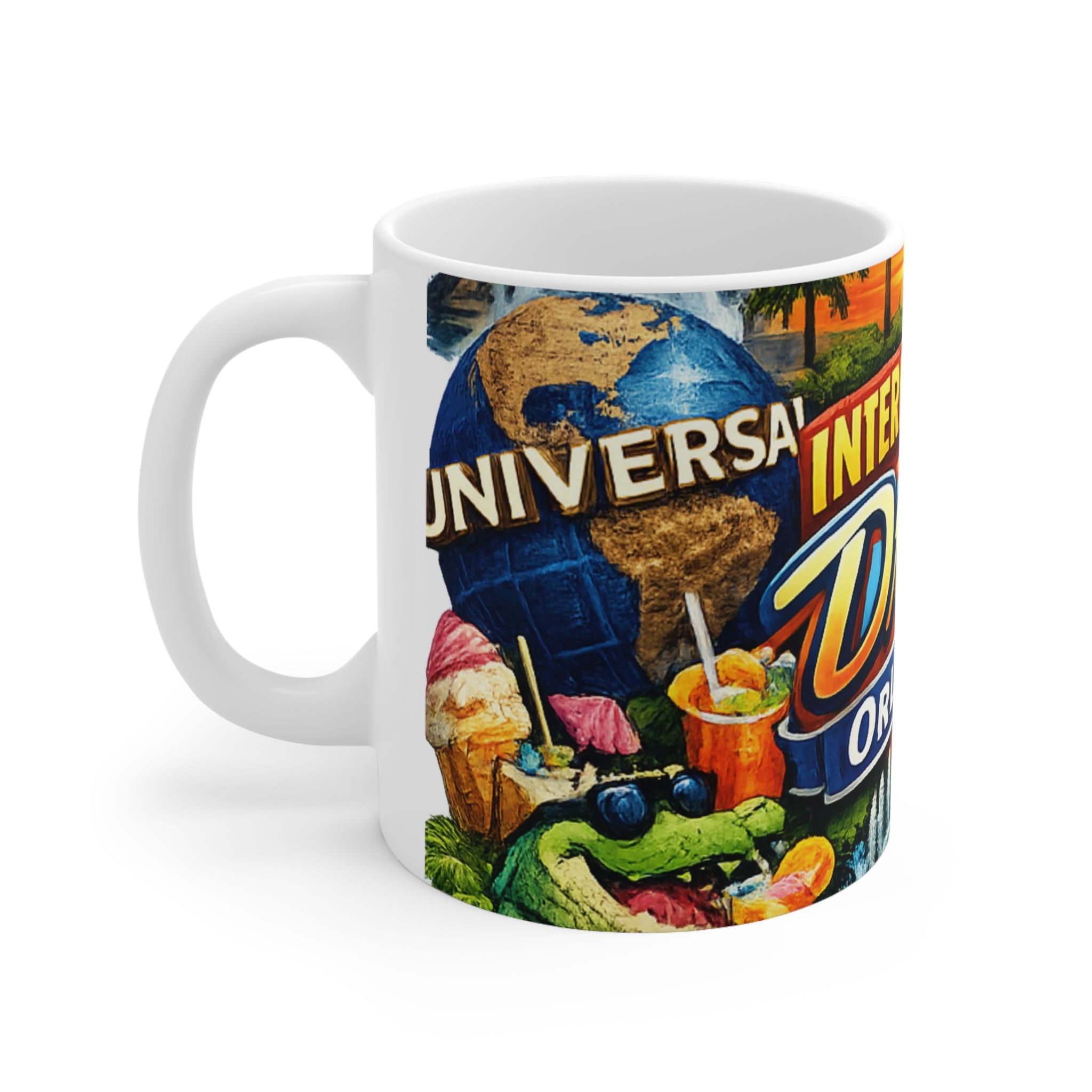 Orlando International Drive Souvenir Mug — Universal Globe & Theme Park Icons, 11oz/15oz
