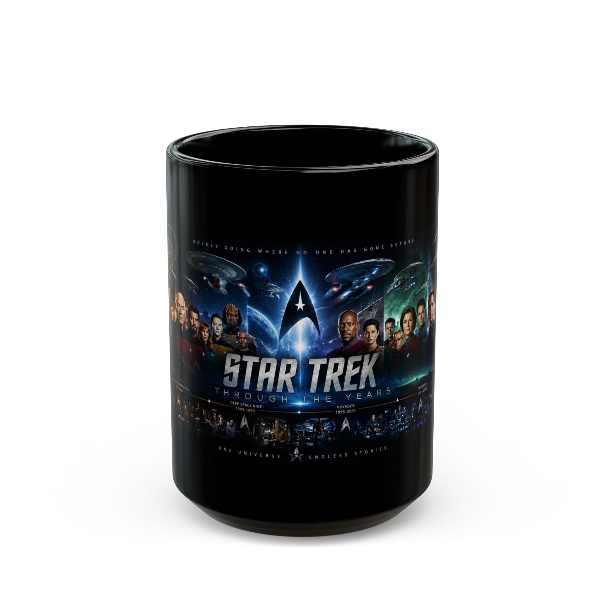 Star Trek Collage Black Mug — Sci‑Fi Crew Montage Coffee Cup (11oz/15oz)