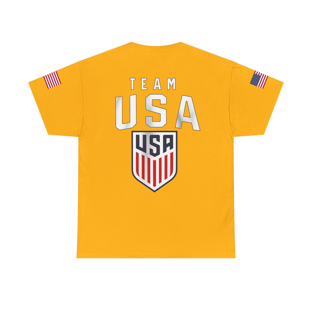 Team USA Flag T‑Shirt — Patriotic Navy Tee with Back Shield Logo