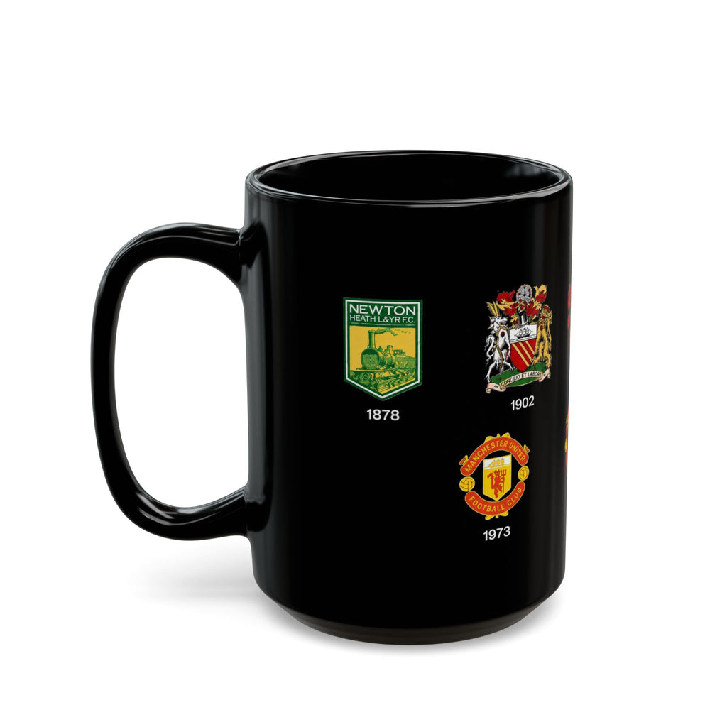 Manchester United History Logo Mug — Vintage Crest Timeline Coffee Cup (11oz/15oz)