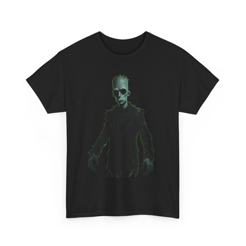 Alien Shadow Graphic Tee — Neon Green Sci‑Fi Skeleton Design