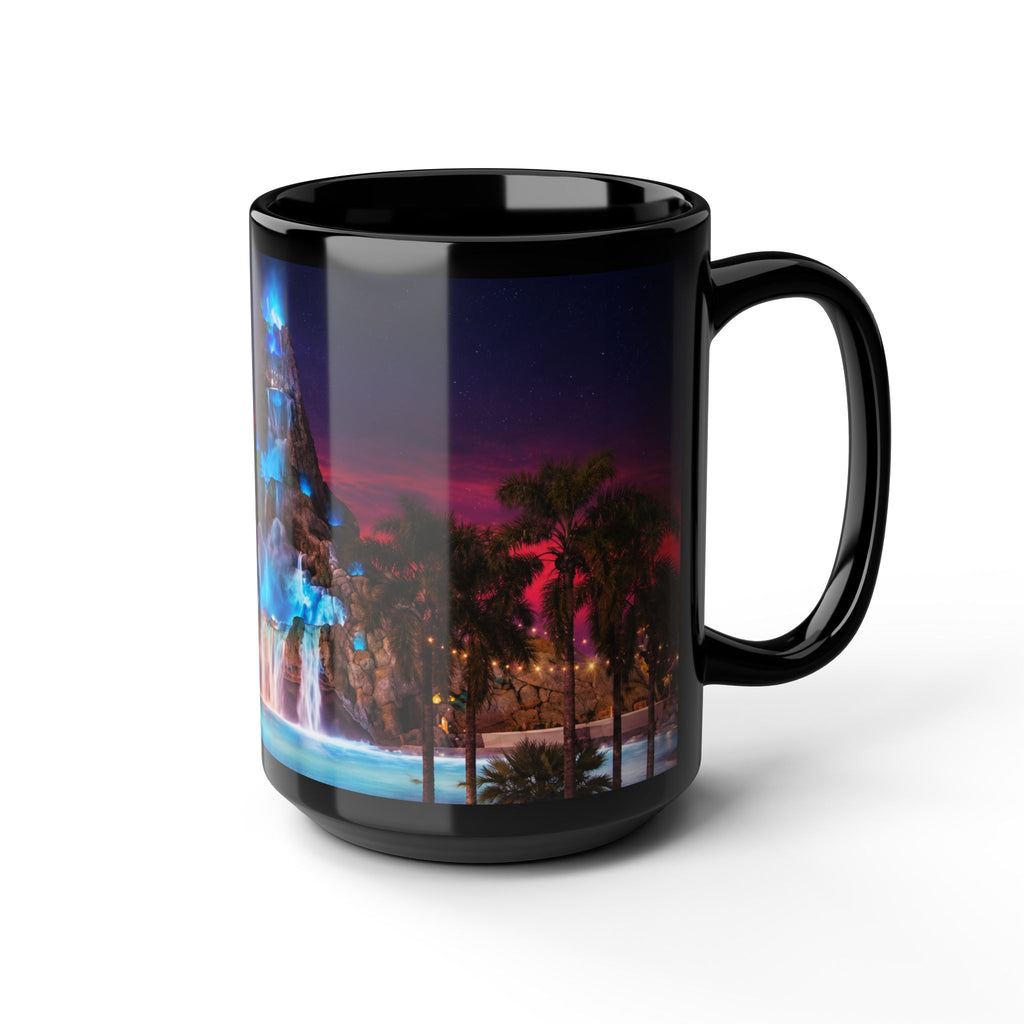 Volcano Bay at Night Black Mug — Illuminated Waterfall & Palm Tree Coffee Cup (11oz/15oz)